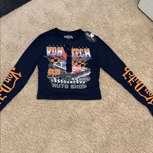 Von Dutch Black Long-Sleeve Auto Shop Graphic Crop Top with Orange Accents